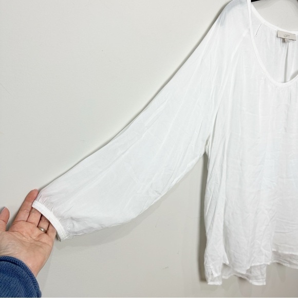 Loft Shirred Blouse White 3/4 Sleeve - Picture 4 of 7